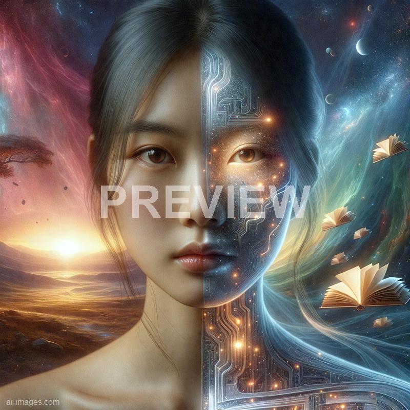 The image features a young woman split into two halves, with the left side showing a natural human face with smooth skin and gentle features, while the right side depicts a futuristic, cybernetic face with glowing circuitry and digital patterns integrated into her skin. The background transitions from a serene sunset over a landscape on the left to a cosmic scene filled with swirling clouds, stars, and multiple open books floating in space on the right, blending elements of nature, technology, and space into a surreal composition.